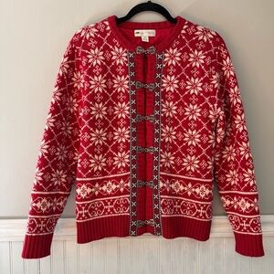 Casual Corner Women’s Red & White Nordic Snowflake Lambswool Cardigan Sweater XS